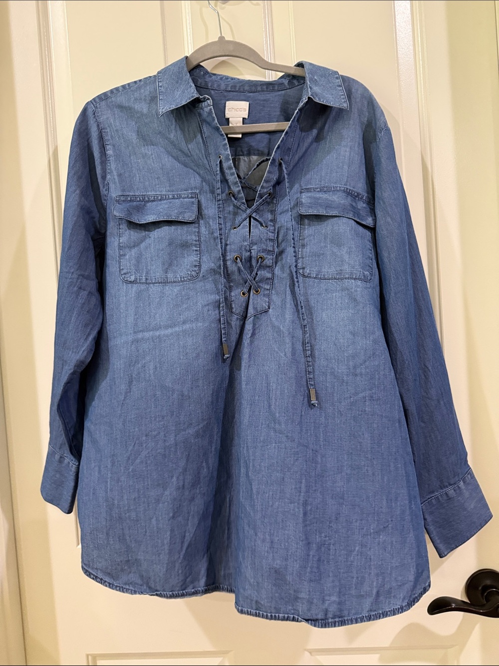 Chico's Blue Denim Chambray Shirt with Lace Up Neck